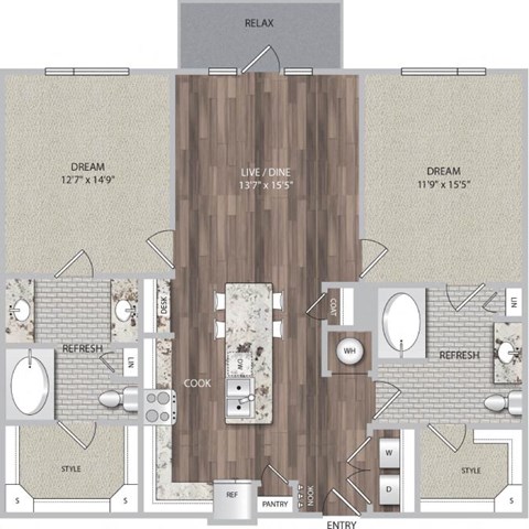 Floor plan for 2 beds, 2 baths, 1231 sqft